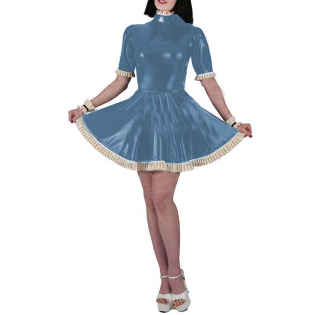 Wet Look PVC Leather Sheath Mini Dress Fashion Sexy Women Slim Fit Short Sleeve Ruffles Bodycon A-line Pleated Dress Vestido 7XL