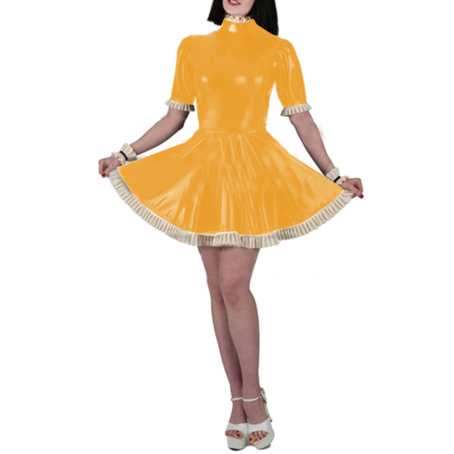 Wet Look PVC Leather Sheath Mini Dress Fashion Sexy Women Slim Fit Short Sleeve Ruffles Bodycon A-line Pleated Dress Vestido 7XL