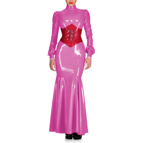 Sexy Wetlook PVC High Neck Sheath Long Sleeve Maxi Dress Lantern Sleeve Bodycon Mermaid Dress Costumes Wedding Party Grown S-7XL