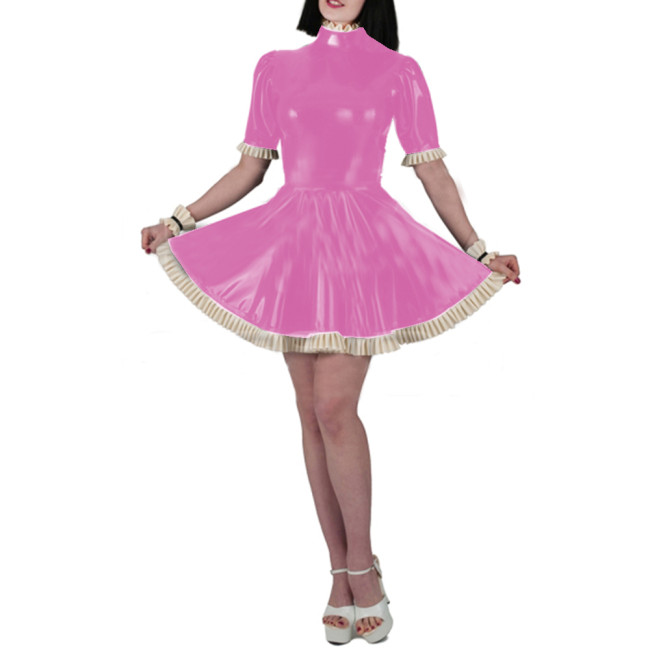 Wet Look PVC Leather Sheath Mini Dress Fashion Sexy Women Slim Fit Short Sleeve Ruffles Bodycon A-line Pleated Dress Vestido 7XL