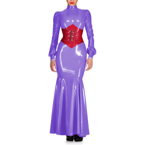 Sexy Wetlook PVC High Neck Sheath Long Sleeve Maxi Dress Lantern Sleeve Bodycon Mermaid Dress Costumes Wedding Party Grown S-7XL