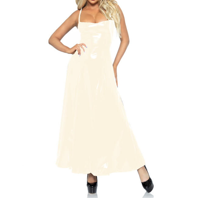 Sexy Glossy PVC Sleeveless Spaghetti Stap Cami Bodycon Boat Neck Low Cut A-line Maxi Dress Fit and Flare Long Dress Party Club