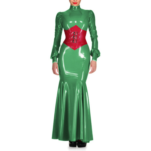 Sexy Wetlook PVC High Neck Sheath Long Sleeve Maxi Dress Lantern Sleeve Bodycon Mermaid Dress Costumes Wedding Party Grown S-7XL