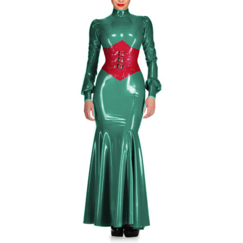 Sexy Wetlook PVC High Neck Sheath Long Sleeve Maxi Dress Lantern Sleeve Bodycon Mermaid Dress Costumes Wedding Party Grown S-7XL