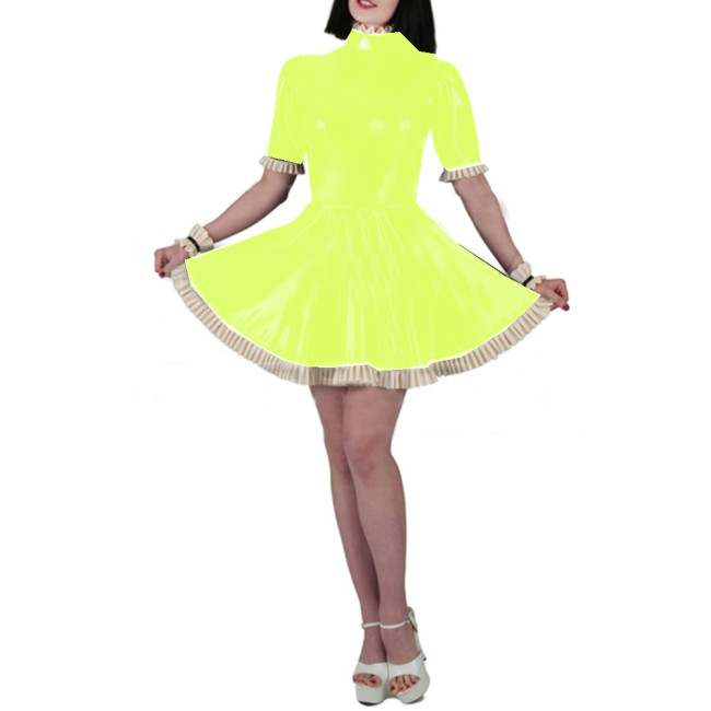 Wet Look PVC Leather Sheath Mini Dress Fashion Sexy Women Slim Fit Short Sleeve Ruffles Bodycon A-line Pleated Dress Vestido 7XL
