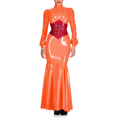 Sexy Wetlook PVC High Neck Sheath Long Sleeve Maxi Dress Lantern Sleeve Bodycon Mermaid Dress Costumes Wedding Party Grown S-7XL