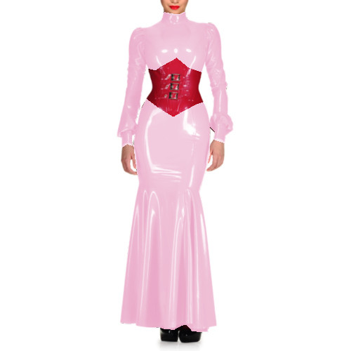 Sexy Wetlook PVC High Neck Sheath Long Sleeve Maxi Dress Lantern Sleeve Bodycon Mermaid Dress Costumes Wedding Party Grown S-7XL