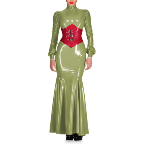 Sexy Wetlook PVC High Neck Sheath Long Sleeve Maxi Dress Lantern Sleeve Bodycon Mermaid Dress Costumes Wedding Party Grown S-7XL