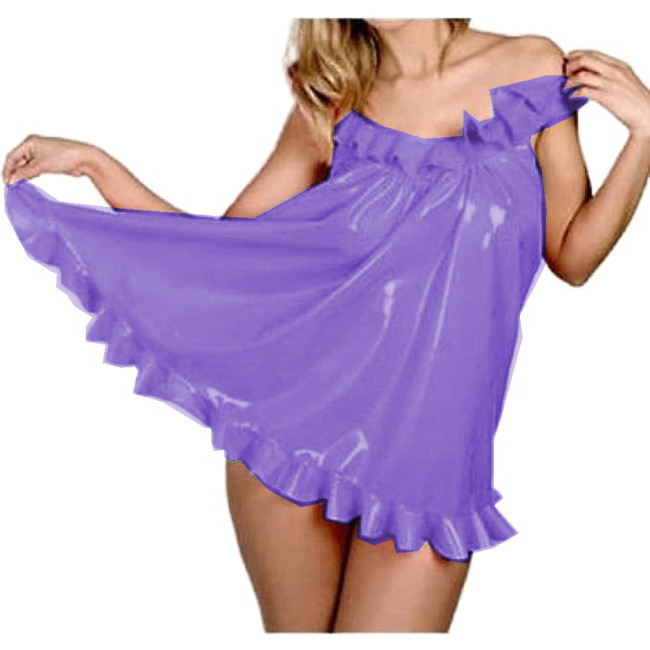 Wet Look Glossy PVC Sexy Women Ruffles Boat Neck Loose A-line Mini Dress Sleeveless Vestidos Short Dress Party Clubwear S-7XL