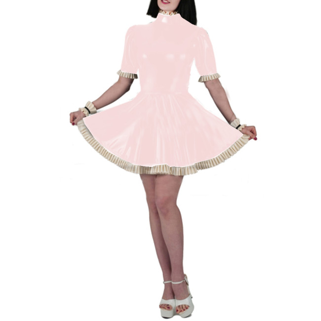 Wet Look PVC Leather Sheath Mini Dress Fashion Sexy Women Slim Fit Short Sleeve Ruffles Bodycon A-line Pleated Dress Vestido 7XL
