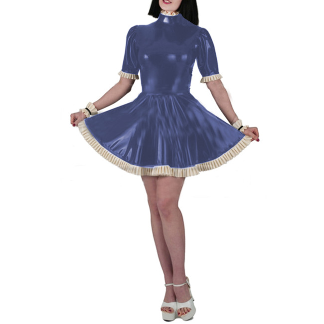 Wet Look PVC Leather Sheath Mini Dress Fashion Sexy Women Slim Fit Short Sleeve Ruffles Bodycon A-line Pleated Dress Vestido 7XL