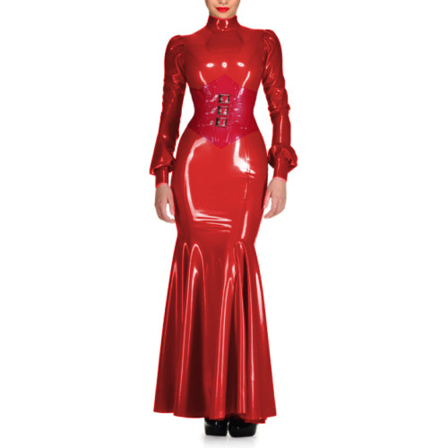 Sexy Wetlook PVC High Neck Sheath Long Sleeve Maxi Dress Lantern Sleeve Bodycon Mermaid Dress Costumes Wedding Party Grown S-7XL