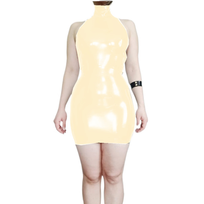 Glossy PVC Leather Sheath Halter Backless Mini Dress Slim Fit Sleeveless Pencil Mini Dress Vestido Sexy Lingerie Female Dress