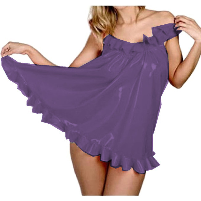 Wet Look Glossy PVC Sexy Women Ruffles Boat Neck Loose A-line Mini Dress Sleeveless Vestidos Short Dress Party Clubwear S-7XL