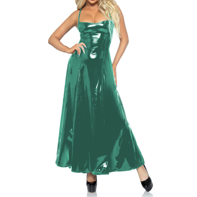 Sexy Glossy PVC Sleeveless Spaghetti Stap Cami Bodycon Boat Neck Low Cut A-line Maxi Dress Fit and Flare Long Dress Party Club