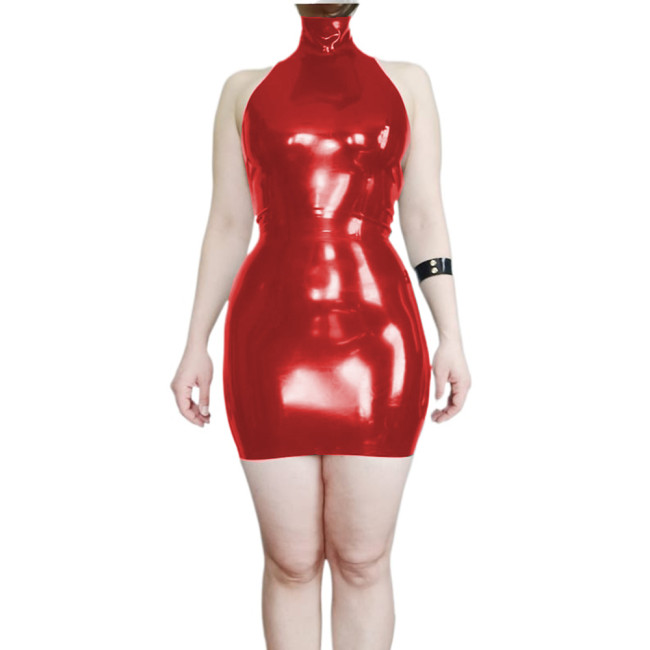Glossy PVC Leather Sheath Halter Backless Mini Dress Slim Fit Sleeveless Pencil Mini Dress Vestido Sexy Lingerie Female Dress