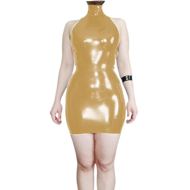 Glossy PVC Leather Sheath Halter Backless Mini Dress Slim Fit Sleeveless Pencil Mini Dress Vestido Sexy Lingerie Female Dress