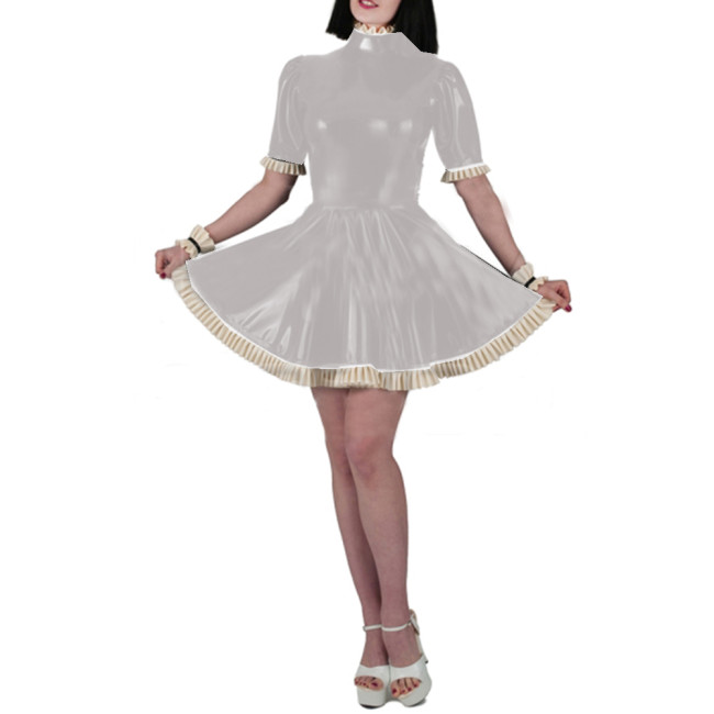 Wet Look PVC Leather Sheath Mini Dress Fashion Sexy Women Slim Fit Short Sleeve Ruffles Bodycon A-line Pleated Dress Vestido 7XL