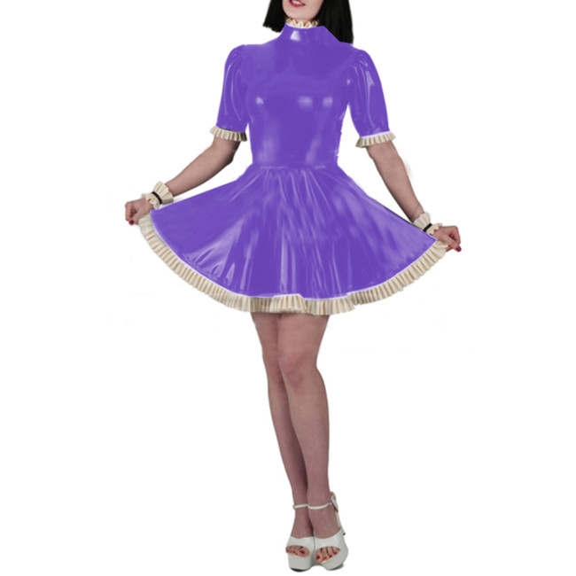 Wet Look PVC Leather Sheath Mini Dress Fashion Sexy Women Slim Fit Short Sleeve Ruffles Bodycon A-line Pleated Dress Vestido 7XL