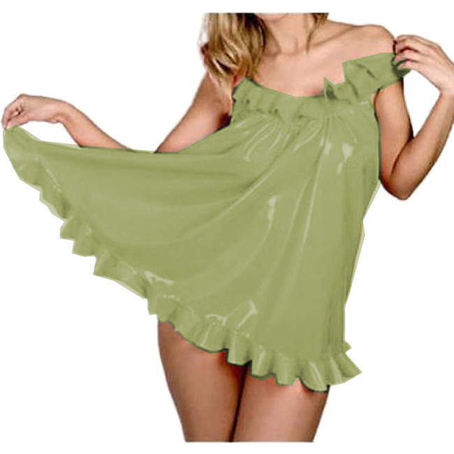 Wet Look Glossy PVC Sexy Women Ruffles Boat Neck Loose A-line Mini Dress Sleeveless Vestidos Short Dress Party Clubwear S-7XL