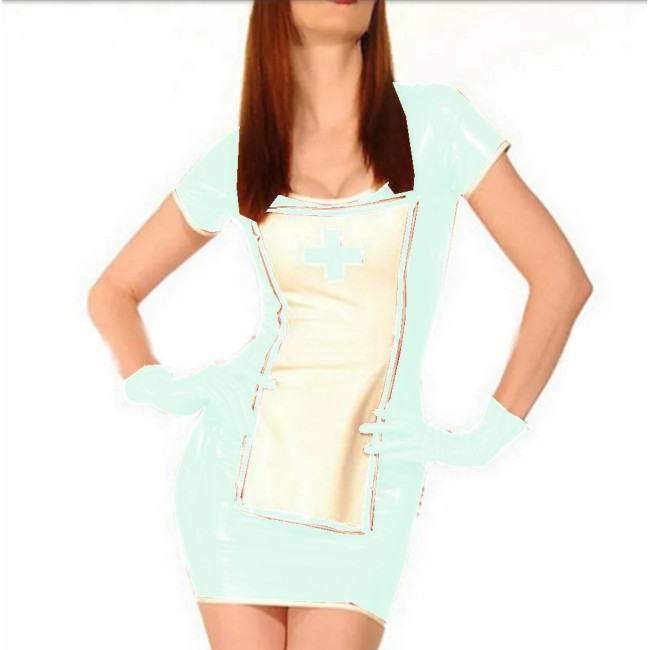 Nurse Cosplay Dress Sexy Glossy PVC Patchwork Slim Pencil Mini Dress Apron With Gloves Nurse Funny Short Dress Costume Sets 7XL