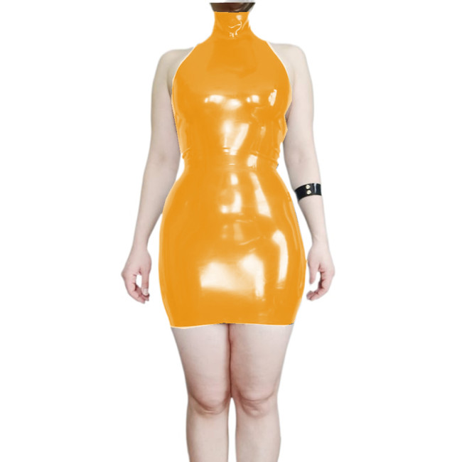 Glossy PVC Leather Sheath Halter Backless Mini Dress Slim Fit Sleeveless Pencil Mini Dress Vestido Sexy Lingerie Female Dress