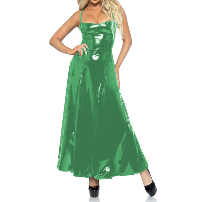 Sexy Glossy PVC Sleeveless Spaghetti Stap Cami Bodycon Boat Neck Low Cut A-line Maxi Dress Fit and Flare Long Dress Party Club