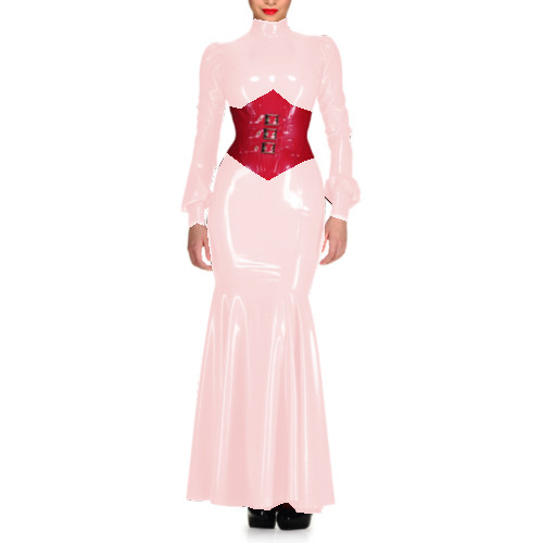 Sexy Wetlook PVC High Neck Sheath Long Sleeve Maxi Dress Lantern Sleeve Bodycon Mermaid Dress Costumes Wedding Party Grown S-7XL