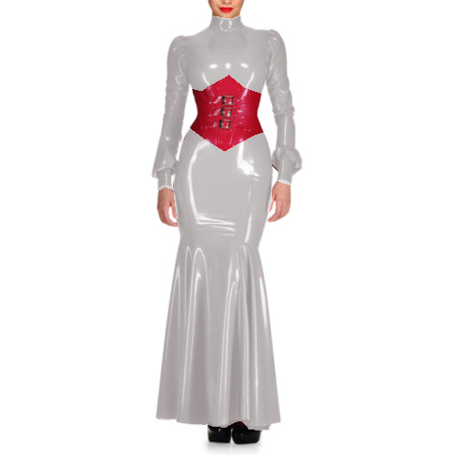 Sexy Wetlook PVC High Neck Sheath Long Sleeve Maxi Dress Lantern Sleeve Bodycon Mermaid Dress Costumes Wedding Party Grown S-7XL