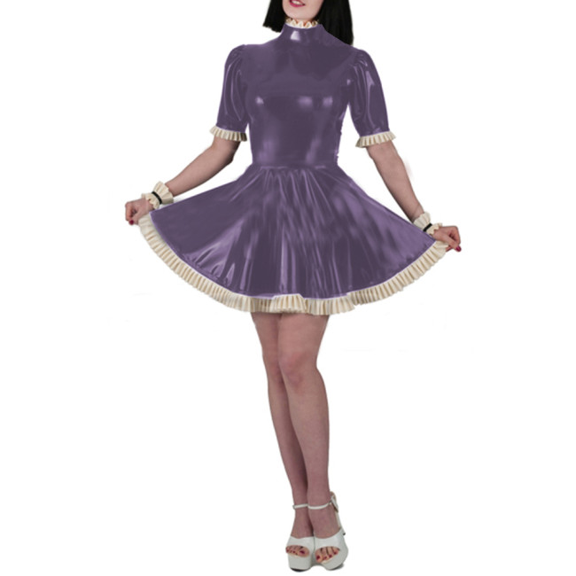 Wet Look PVC Leather Sheath Mini Dress Fashion Sexy Women Slim Fit Short Sleeve Ruffles Bodycon A-line Pleated Dress Vestido 7XL