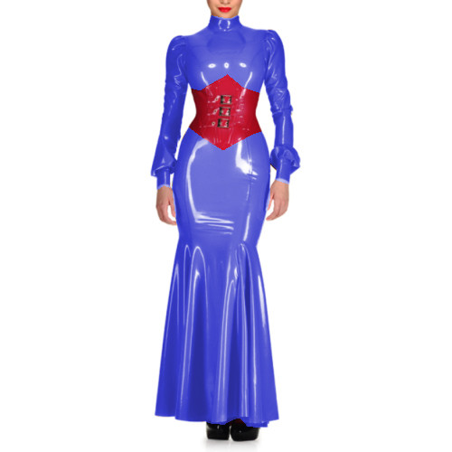 Sexy Wetlook PVC High Neck Sheath Long Sleeve Maxi Dress Lantern Sleeve Bodycon Mermaid Dress Costumes Wedding Party Grown S-7XL