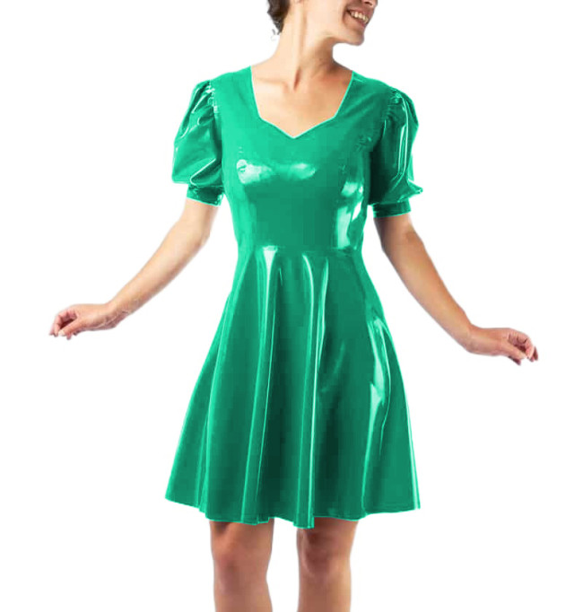 Vestidos Sexy Club Women Short Sleeve Slim Glossy PVC Leather Mini Dress Puff Sleeve Sheath Fit and Flare Dress Robe Streetwear