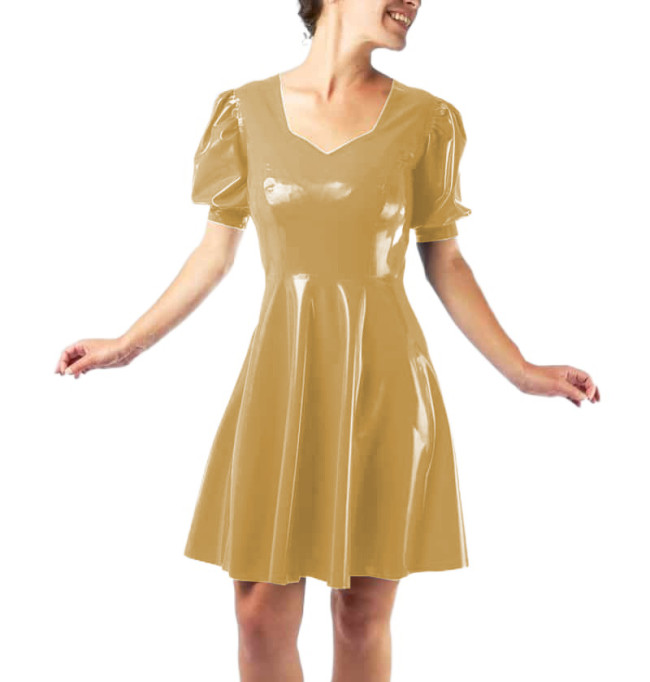 Vestidos Sexy Club Women Short Sleeve Slim Glossy PVC Leather Mini Dress Puff Sleeve Sheath Fit and Flare Dress Robe Streetwear