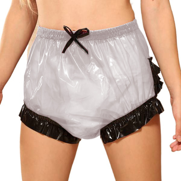 Sissy Fetish Clear Plastic PVC See Through Shorts Patchwork Ruffle High Waist Short Diaper Pants Transparent Shorts Robe Club