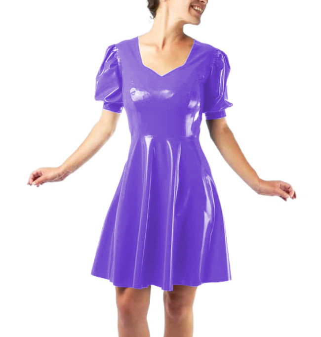 Vestidos Sexy Club Women Short Sleeve Slim Glossy PVC Leather Mini Dress Puff Sleeve Sheath Fit and Flare Dress Robe Streetwear