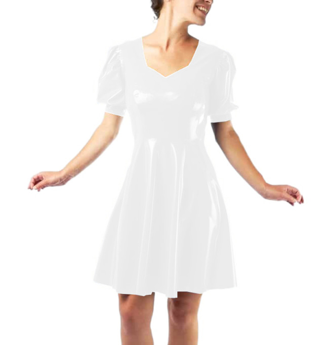 Vestidos Sexy Club Women Short Sleeve Slim Glossy PVC Leather Mini Dress Puff Sleeve Sheath Fit and Flare Dress Robe Streetwear