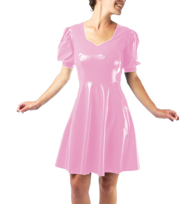 Vestidos Sexy Club Women Short Sleeve Slim Glossy PVC Leather Mini Dress Puff Sleeve Sheath Fit and Flare Dress Robe Streetwear