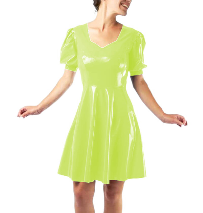 Vestidos Sexy Club Women Short Sleeve Slim Glossy PVC Leather Mini Dress Puff Sleeve Sheath Fit and Flare Dress Robe Streetwear