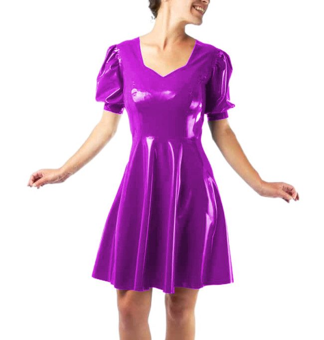 Vestidos Sexy Club Women Short Sleeve Slim Glossy PVC Leather Mini Dress Puff Sleeve Sheath Fit and Flare Dress Robe Streetwear