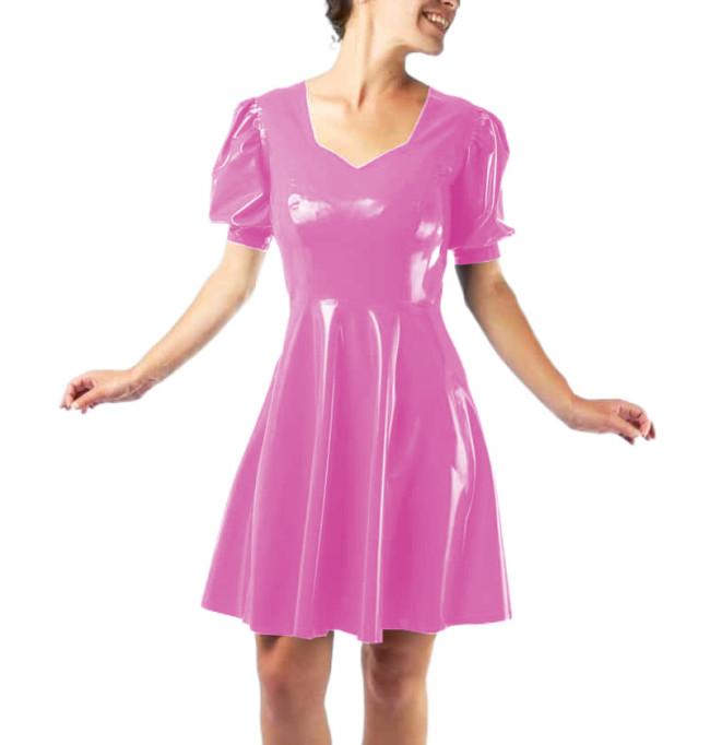 Vestidos Sexy Club Women Short Sleeve Slim Glossy PVC Leather Mini Dress Puff Sleeve Sheath Fit and Flare Dress Robe Streetwear