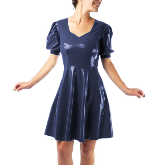 Vestidos Sexy Club Women Short Sleeve Slim Glossy PVC Leather Mini Dress Puff Sleeve Sheath Fit and Flare Dress Robe Streetwear
