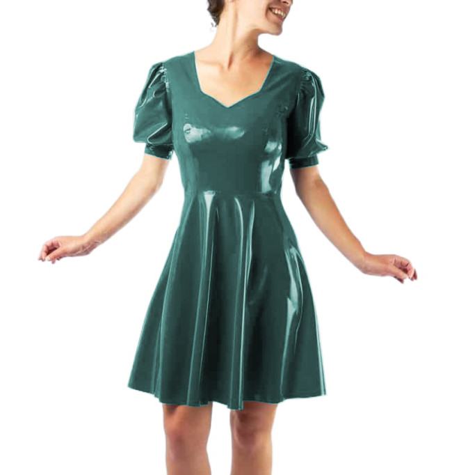 Vestidos Sexy Club Women Short Sleeve Slim Glossy PVC Leather Mini Dress Puff Sleeve Sheath Fit and Flare Dress Robe Streetwear