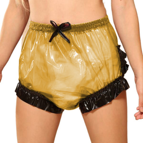 Sissy Fetish Clear Plastic PVC See Through Shorts Patchwork Ruffle High Waist Short Diaper Pants Transparent Shorts Robe Club