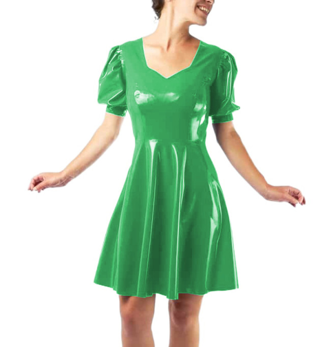 Vestidos Sexy Club Women Short Sleeve Slim Glossy PVC Leather Mini Dress Puff Sleeve Sheath Fit and Flare Dress Robe Streetwear
