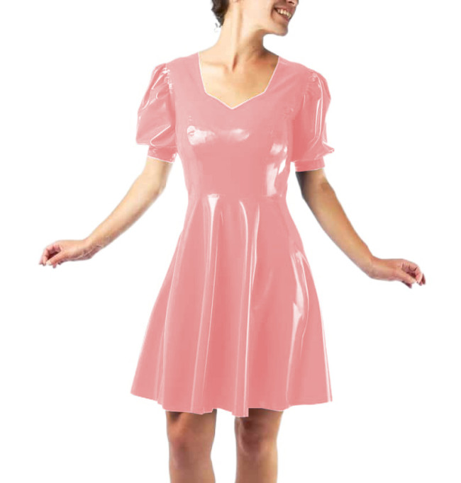 Vestidos Sexy Club Women Short Sleeve Slim Glossy PVC Leather Mini Dress Puff Sleeve Sheath Fit and Flare Dress Robe Streetwear