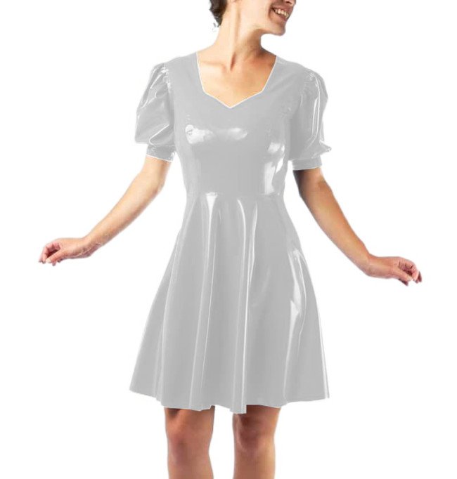 Vestidos Sexy Club Women Short Sleeve Slim Glossy PVC Leather Mini Dress Puff Sleeve Sheath Fit and Flare Dress Robe Streetwear