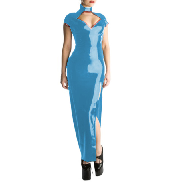 Glossy PVC Sexy Halter Short Sleeve Sheath Long Dress Hollow Chest Maxi Dress Bodycon Split Long Dress Vestidos Party Clubwear