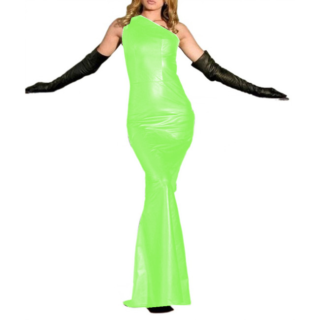 Sexy Wet look Matte PU Leather Sheath Long Dress Diagonal Collar Sleeveless Bodycon Maxi Dress With Gloves Party Club Wear S-7XL