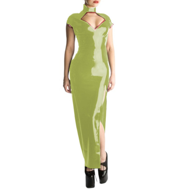 Glossy PVC Sexy Halter Short Sleeve Sheath Long Dress Hollow Chest Maxi Dress Bodycon Split Long Dress Vestidos Party Clubwear