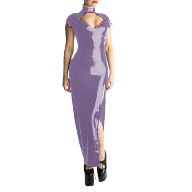 Glossy PVC Sexy Halter Short Sleeve Sheath Long Dress Hollow Chest Maxi Dress Bodycon Split Long Dress Vestidos Party Clubwear